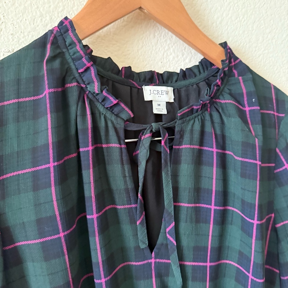 J. Crew Green Pink Navy Plaid Ruffle Tie Collar Puff Sleeve Midi Dress - Picture 6 of 10